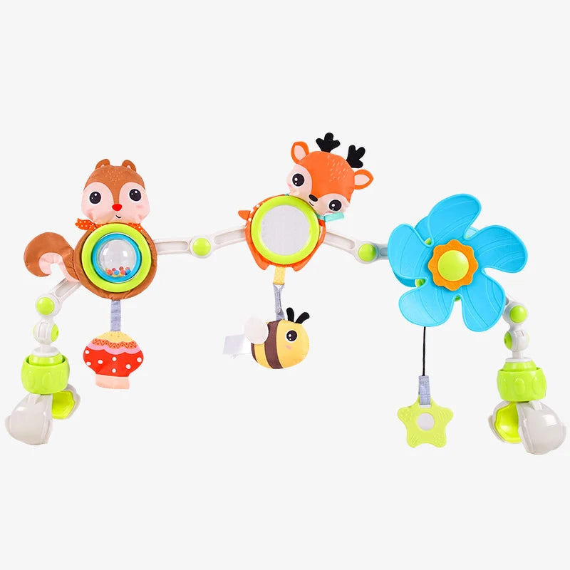 Musical Baby Toy Arch with Animal Rattle, Mirror and Spinning Windmill, Foldable Clip-On Sensory Activity Bar for Compatible Strollers