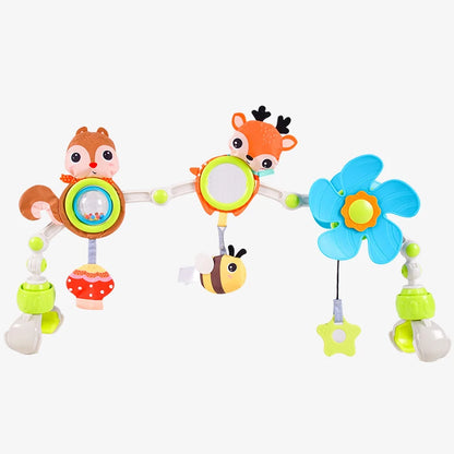 Musical Baby Toy Arch with Animal Rattle, Mirror and Spinning Windmill, Foldable Clip-On Sensory Activity Bar for Compatible Strollers
