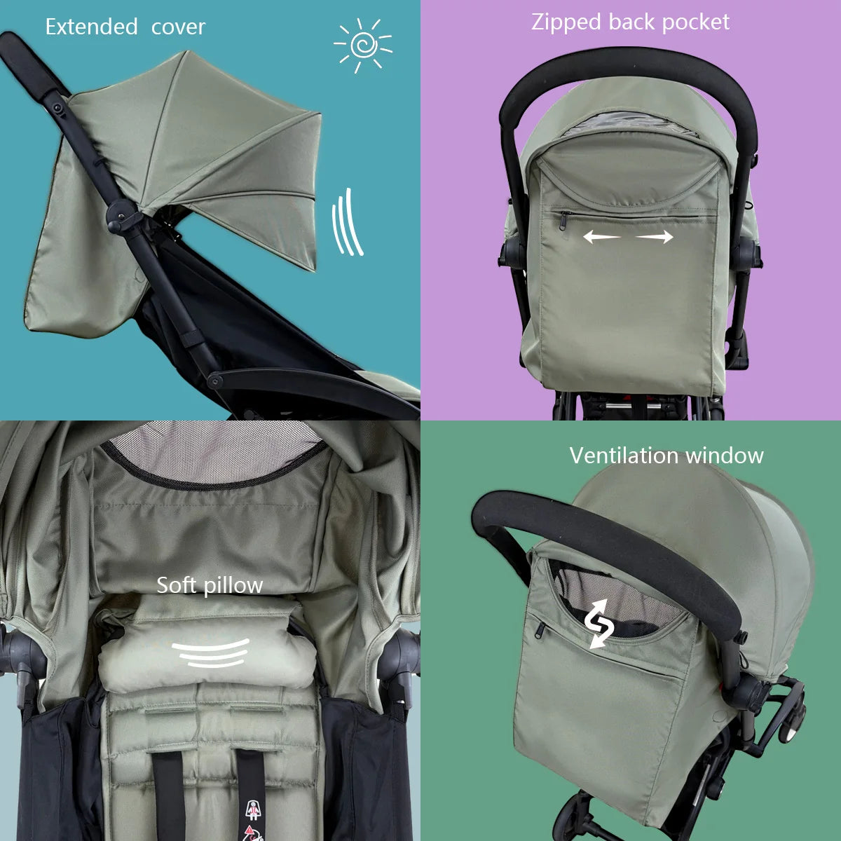 Stroller Canopy Cover and Padded Seat Set Compatible with Babyzen YOYO and YOYO2, 600D Replacement Fabric with Rear Zipper Pocket and Color Options