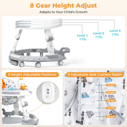 Baby Walker Activity Center in White, 4-in-1 Play Design with 3 Frame Height Settings, 5 Seat Adjustments and Wheeled Base for Indoor Use