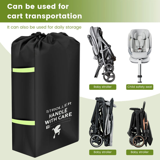 Stroller Transport Cover Bag in 300D Oxford Cloth, Black Drawstring Travel Storage with Carry Strap and Name Tag Area for Flights and Road Trips