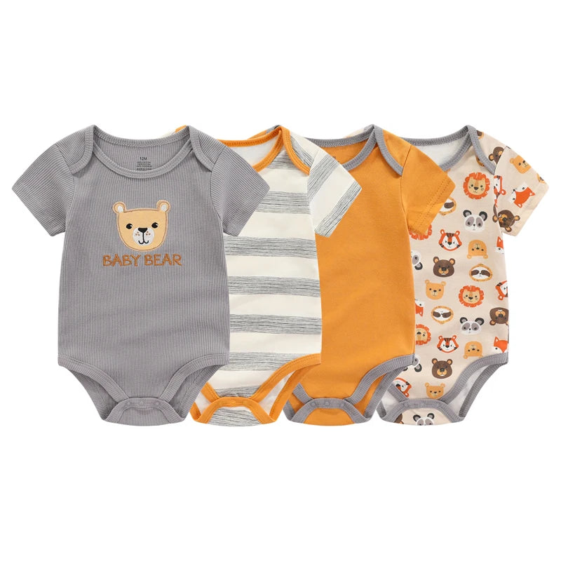 Baby Bodysuit 4-Pack by Kiddiezoom, 100% Cotton Short Sleeve Infant Basics with Envelope Shoulders and Mixed Prints for Boys and Girls, 3M-12M