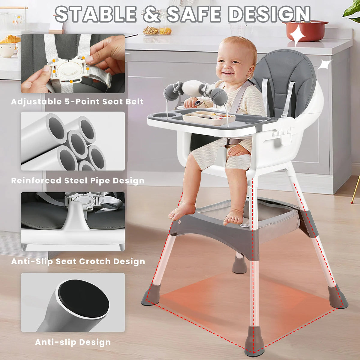 Baby Dining High Chair with Removable Double-Layer Tray, Convertible Toddler Seating with Adjustable Footrest and Toy Rack for Family Mealtimes