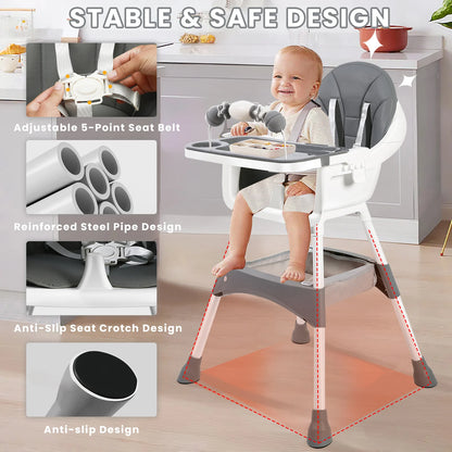 Baby Dining High Chair with Removable Double-Layer Tray, Convertible Toddler Seating with Adjustable Footrest and Toy Rack for Family Mealtimes