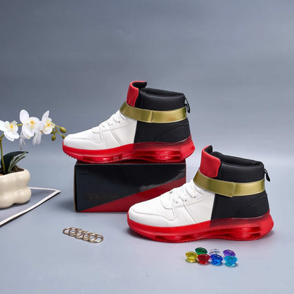 Shadow-Inspired High-Top Sneakers with Red Soles, White and Black Panels and Gold Strap Detail for Kids, Teens and Adult Casual Outfits