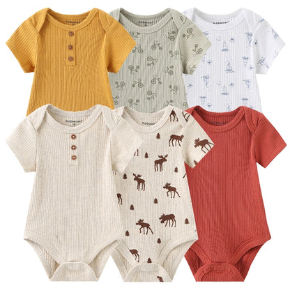 Baby Cotton Bodysuit Set, 6-Piece Short Sleeve Outfits with Envelope Shoulders and Snap Crotch for Boys and Girls, Sizes 3M-12M