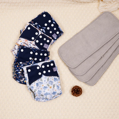 Mesh-Lined Cloth Diapers by Elinfant, 4-Pack Adjustable Pocket Baby Nappies with 4 Three-Layer Microfiber Inserts and Waterproof PUL Outer