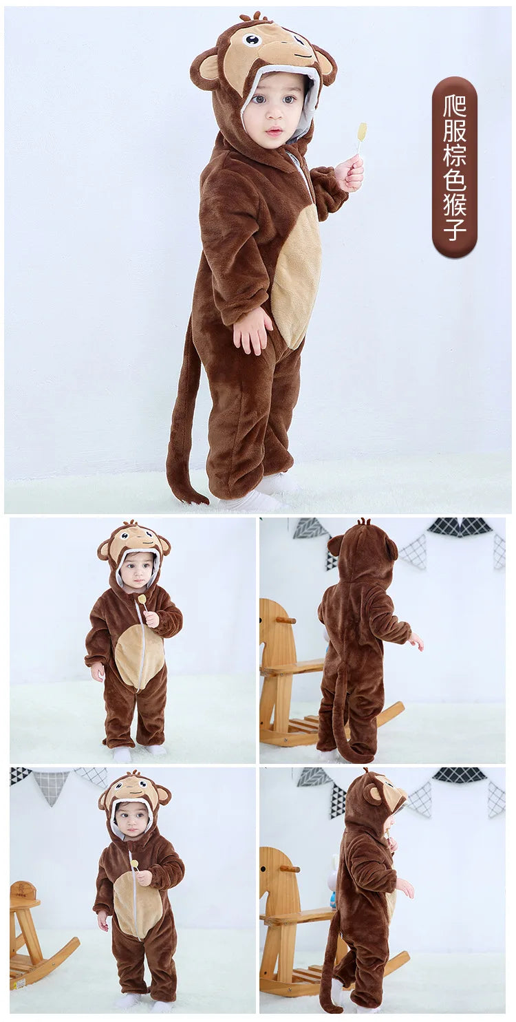 Baby Animal Hooded Costume Jumpsuit with Flannel Styling, Duck, Rabbit, Leopard and More Dress-Up Options for Boys and Girls, Sizes 70-120