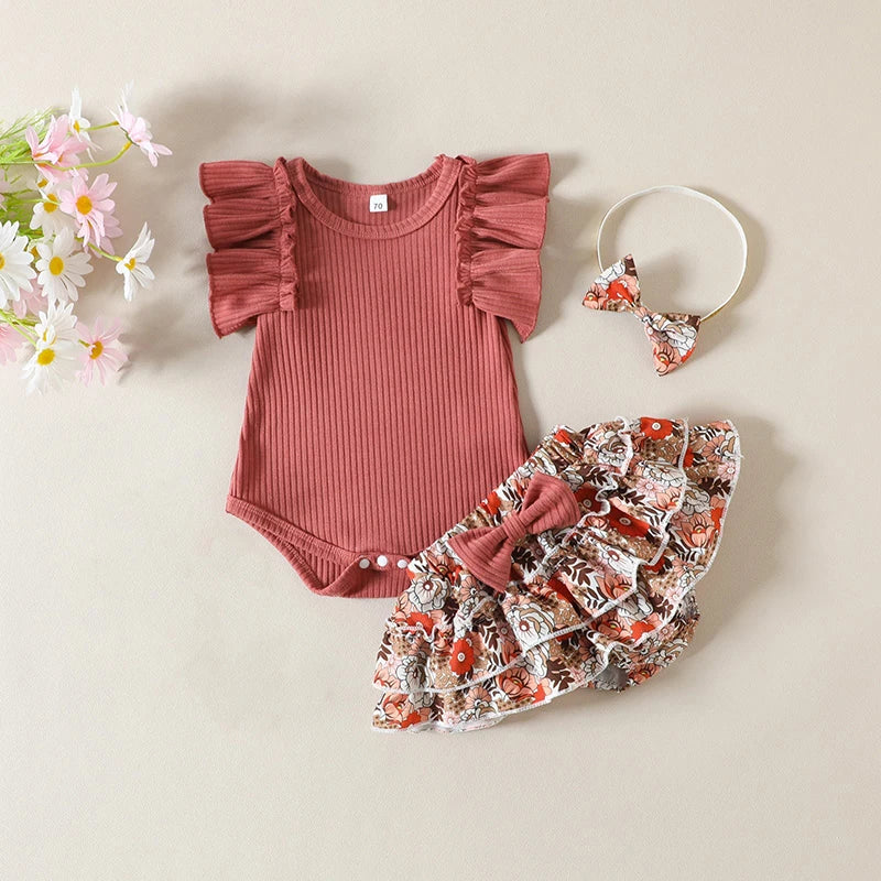 Infant Girls Summer Clothing Set with Ruffle Sleeve Ribbed Romper, Floral Bow Shorts and Matching Headband, 3-Piece Outfit for 0-24 Months