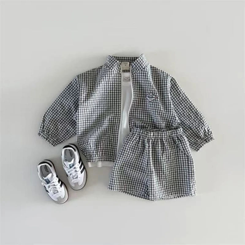 Kids Plaid Jacket and Shorts Set with Stand Collar and Front Zipper, Blue Black or Khaki Two-Piece Summer Outfit for Babies and Toddlers