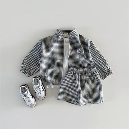 Kids Plaid Jacket and Shorts Set with Stand Collar and Front Zipper, Blue Black or Khaki Two-Piece Summer Outfit for Babies and Toddlers