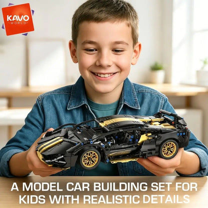 Supercar Building Set, 1280-Piece Black and Gold 1:14 Scale Sports Car Model with Adjustable Rear Wing and Opening Cockpit by KAVOWORLD