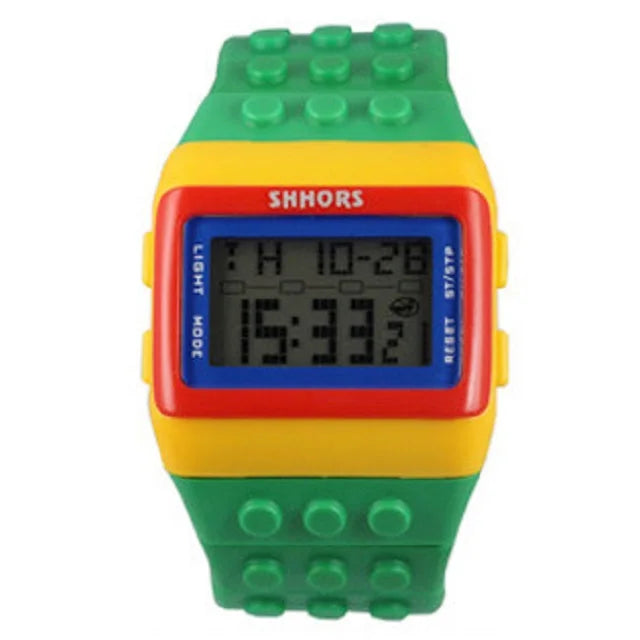 Colorful Link Digital Watch, Kids Block-Inspired Wristwatch with LED Backlight, Adjustable Plastic Band, Alarm, Calendar and Stopwatch for Daily Wear