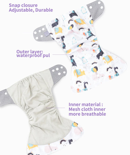 Mesh-Lined Cloth Diapers by Elinfant, 4-Pack Adjustable Pocket Baby Nappies with 4 Three-Layer Microfiber Inserts and Waterproof PUL Outer