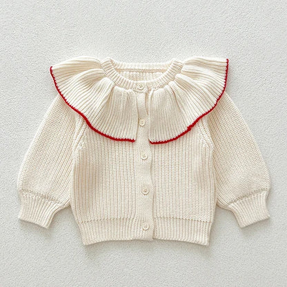 Contrast-Trim Ruffle Collar Baby Girl Cardigan Styles with Button Front and Long Sleeves, Infant and Toddler Knit Sweater Options in Sizes 3M-3T