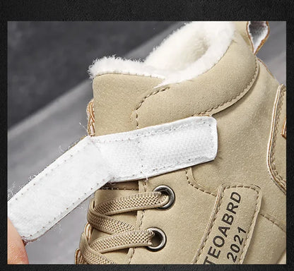 Kids Plush-Lined Winter Boots with Hook-and-Loop Ankle Strap and Lace-Up Front, Gray or Khaki High-Top Casual Shoes with Chunky Sole in Sizes 26–37