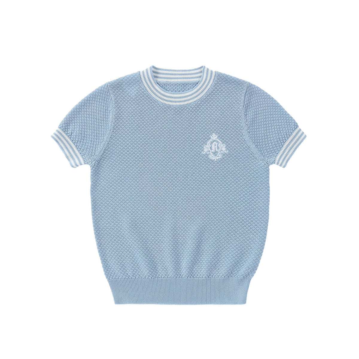 Light Blue Sibling Matching Outfits with Cotton Girls Collared Dresses, Baby Rompers and Boys Plaid Sets, Lyocell Knit Tops and White Separates