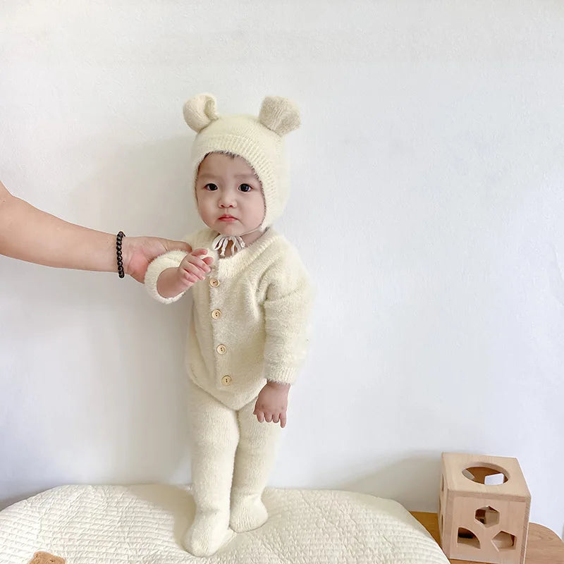 Plush Baby Footed Jumpsuit with Button Front, Bear-Inspired Autumn Winter One-Piece Outfit for Boys and Girls in Four Colors