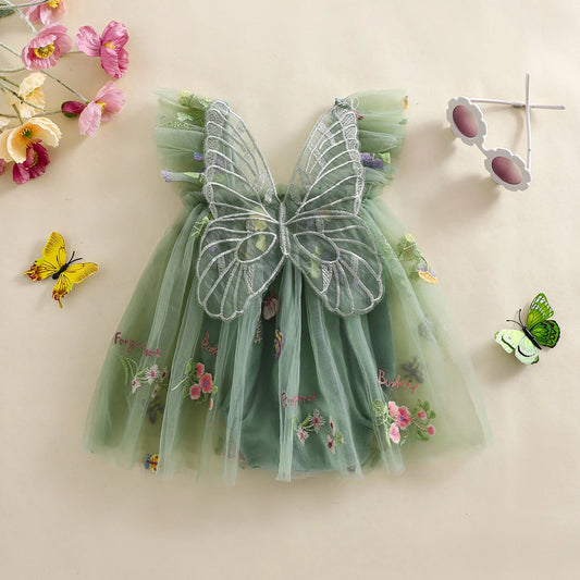 Butterfly Baby Girl Romper Dress with Floral Embroidery and Mesh Skirt, Sleeveless Square-Neck One-Piece Outfit for Photos and Parties, 3M-18M
