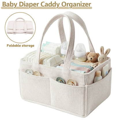 Portable Diaper Caddy Basket in Beige Corduroy with Dividers, Multiple Pockets and Carry Handles for Nursery Organization and Baby Changing Supplies