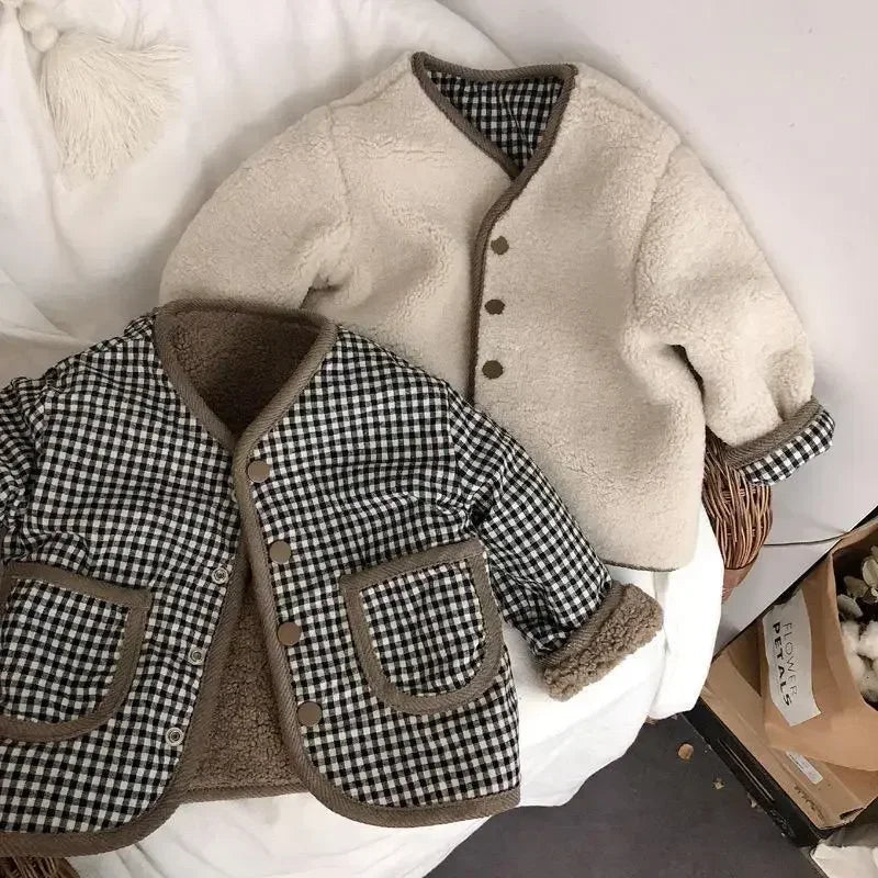 Toddler Reversible Plaid Jacket with Plush Reverse, V-Neck Snap Front and Patch Pockets, Brown or Beige Kids Fall Winter Layer, Sizes 12M-6T