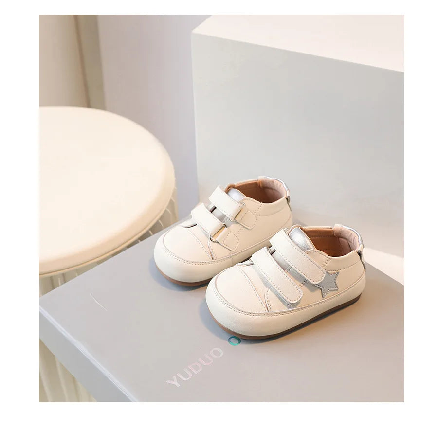 Toddler Star Sneakers with Double Hook-and-Loop Straps, Microfiber Leather Baby Boys and Girls Casual Shoes in Red Silver or Dark Blue, Sizes 15-27