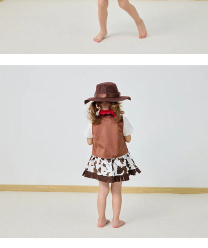 Girls Cowgirl Costume Set with Brown Fringe Vest, Cow-Print Skirt, Hat and Bandana, Western Dress-Up Outfit for Halloween and Birthday Parties