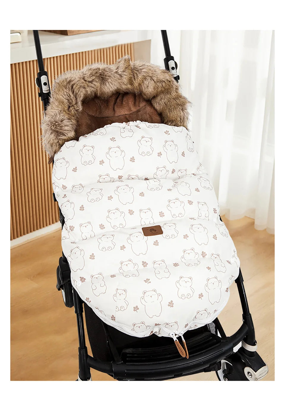 Baby Stroller Winter Footmuff with Two-Way Zipper, Removable Fur-Style Collar and Front Buttons, Pram Sack in Floral, Bear and Solid Styles