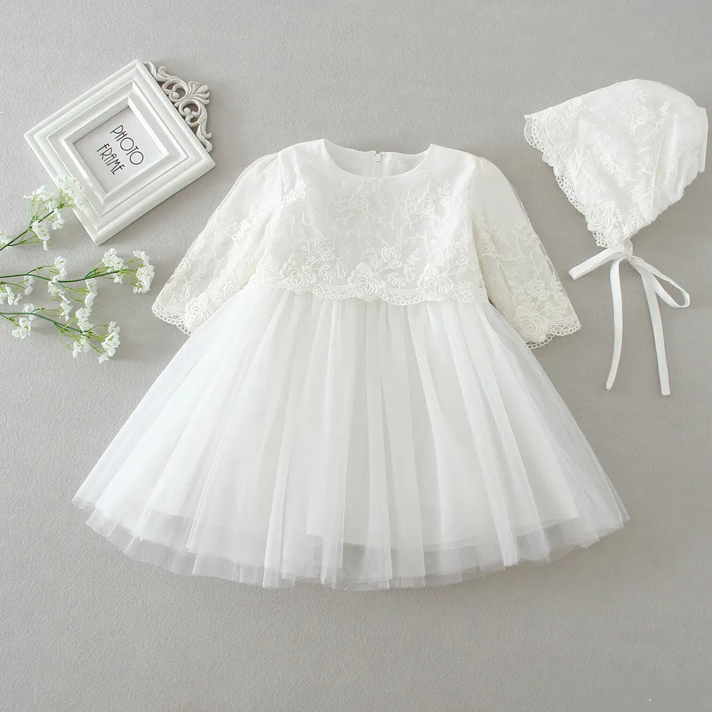 Baby Baptism Gown for Girls with Long Sleeves, Lace Details and Cotton Lining, Dress and Cap Set for Christening and First Birthday Photos