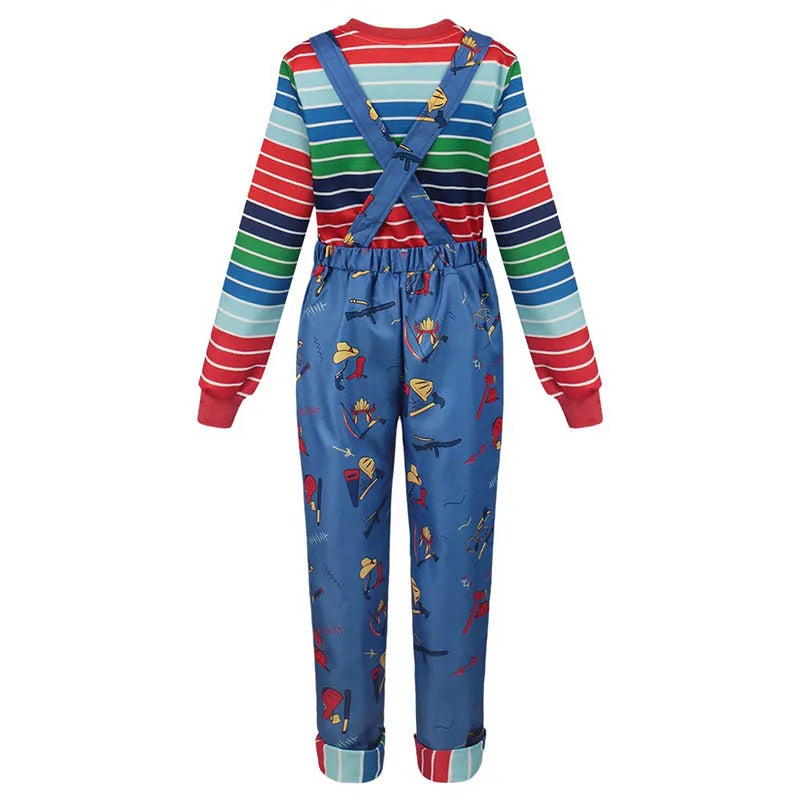 Chucky Halloween Costume Set with Multicolor Striped Shirt and Blue Printed Overalls for Kids and Adults, Cosplay and Costume Parties