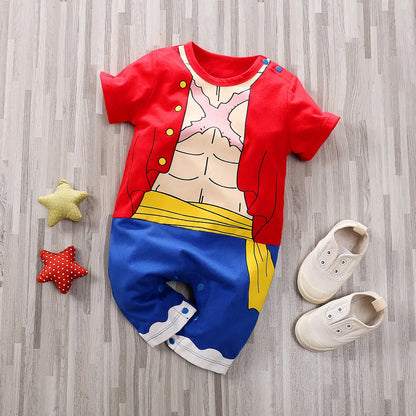 Pirate Costume Baby Romper, Red and Blue Cotton Short Sleeve One-Piece with Printed Vest and Yellow Sash for Anime Photos, 0-18M