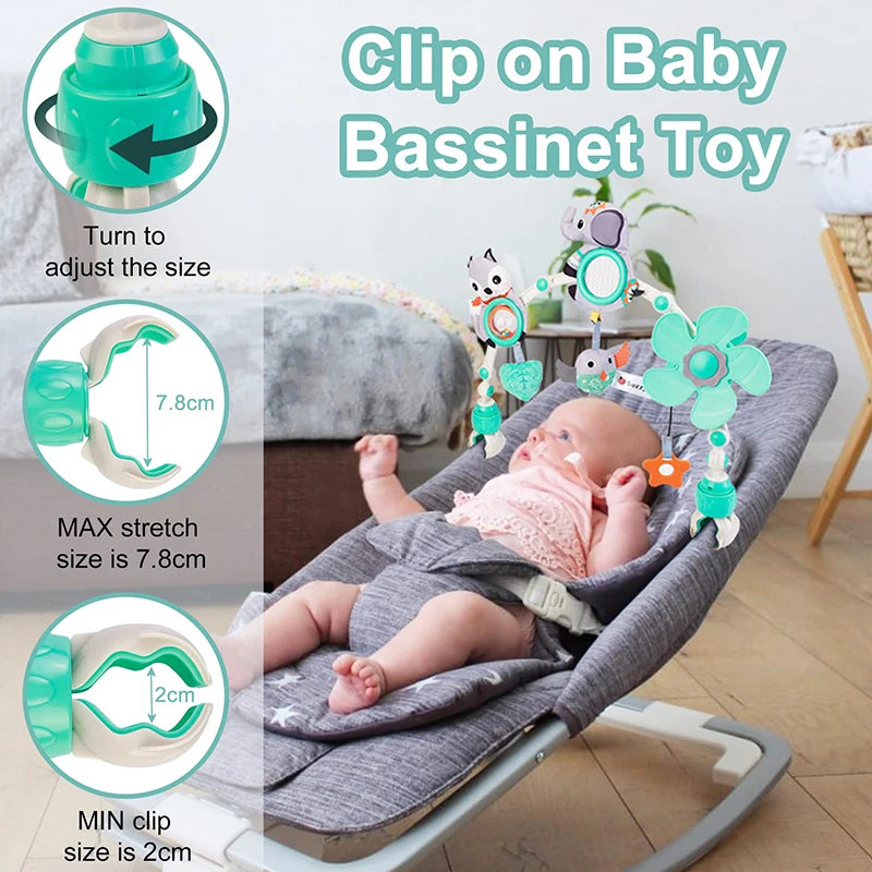 Musical Baby Toy Arch with Animal Rattle, Mirror and Spinning Windmill, Foldable Clip-On Sensory Activity Bar for Compatible Strollers