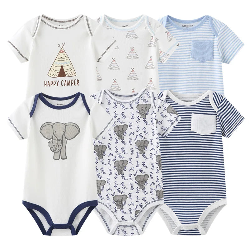 Baby Cotton Bodysuit Set, 6-Piece Short Sleeve Outfits with Envelope Shoulders and Snap Crotch for Boys and Girls, Sizes 3M-12M