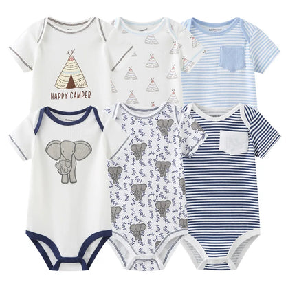Baby Cotton Bodysuit Set, 6-Piece Short Sleeve Outfits with Envelope Shoulders and Snap Crotch for Boys and Girls, Sizes 3M-12M