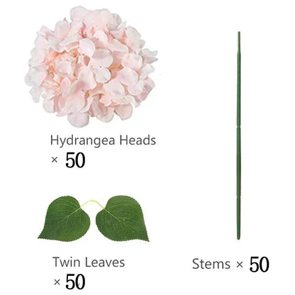 Artificial Hydrangea Flower Heads, 50-Piece Silk-Fabric Floral Set with Stem or Leaf Options for DIY Wedding Centerpieces, Baby Showers and Home Decor