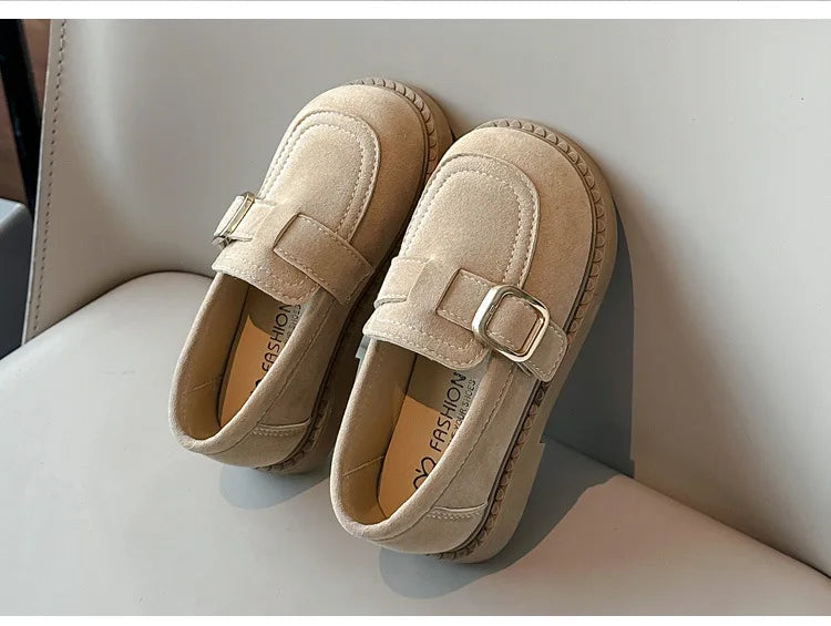 Girls Buckle Loafers with Rounded Toe and Stitched Detail, Brown or Khaki Casual Flats for School Outfits, Spring and Fall Days