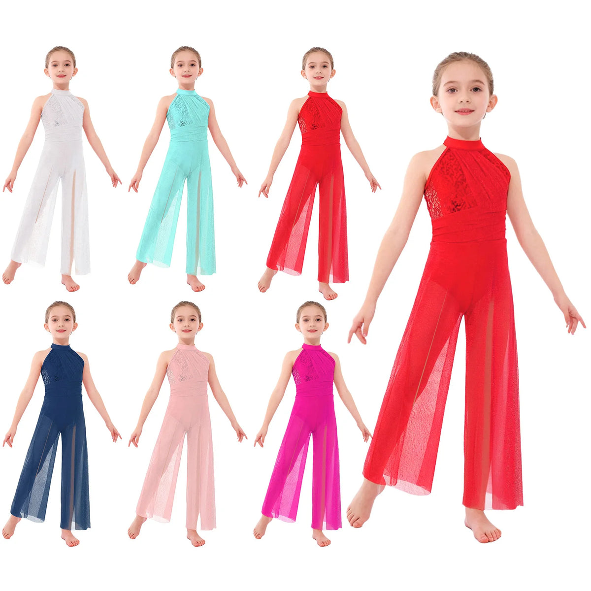 Girls Sequin Dance Jumpsuit with Split Wide-Leg Mesh, Sleeveless Mock Neck and Crisscross Back for Lyrical Recitals and Stage Performances