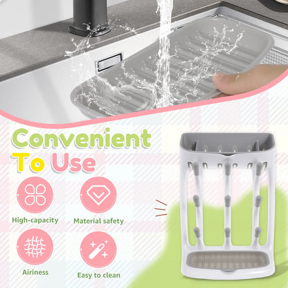 Angled-Holder Baby Bottle Drying Rack with Top Accessory Storage and Detachable Drain Tray, ABS and PP Countertop Feeding Organizer