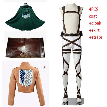 Attack on Titan Cosplay Costume Set with Jacket, Green Cloak, Skirt and Straps, Levi, Mikasa, Eren and Hange Options for Halloween