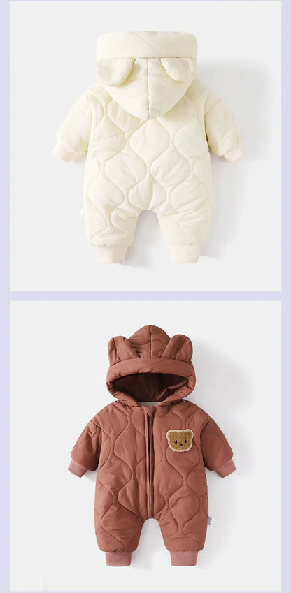 Winter Baby Bear Snowsuit, Quilted Hooded One-Piece with Plush Lining, Front Zipper and Ribbed Cuffs for Infant Boys and Girls