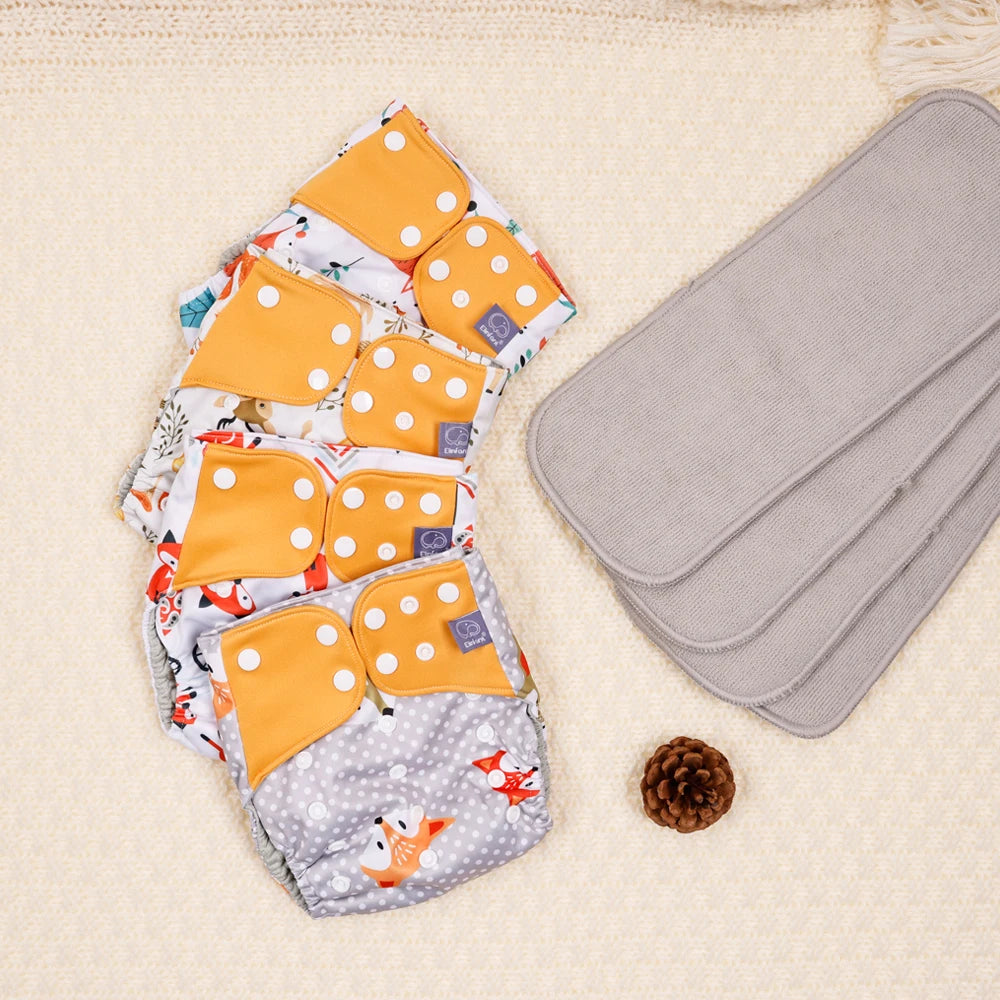 Mesh-Lined Cloth Diapers by Elinfant, 4-Pack Adjustable Pocket Baby Nappies with 4 Three-Layer Microfiber Inserts and Waterproof PUL Outer