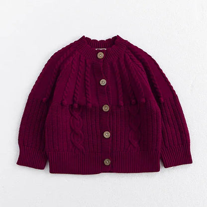 Contrast-Trim Ruffle Collar Baby Girl Cardigan Styles with Button Front and Long Sleeves, Infant and Toddler Knit Sweater Options in Sizes 3M-3T
