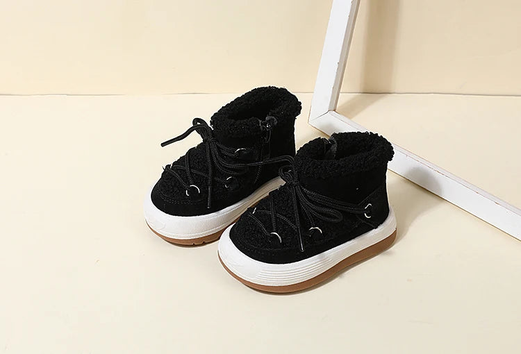 Toddler Plush Ankle Boots with Lace-Up Front, Rubber Soles and Fluffy Trim for Boys and Girls, Beige Black or Pink Cool-Weather Shoes