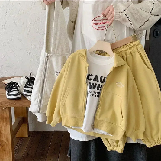 Kids Zip-Up Hoodie and Jogger Pants Set in Yellow or Gray, Two-Piece Casual Outfit with Letter Detail for Boys and Girls, Sizes 90-140cm