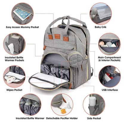 Diaper Backpack with USB Port and Fold-Out Changing Station, Type 1 and Type 3 Baby Essentials Bag with Organized Storage for Moms and Dads