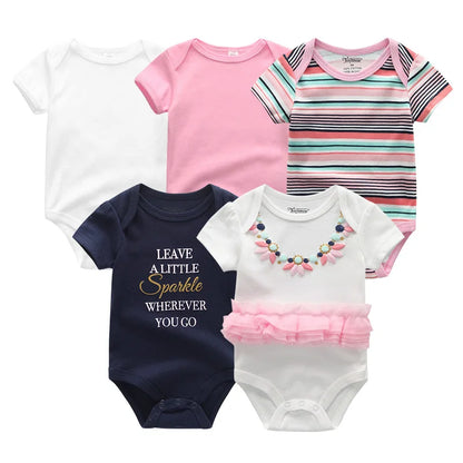 Infant Cotton Bodysuits 5-Pack with Short Sleeves and Envelope Shoulders, Solid Colors and Playful Prints for Baby Boys and Girls, Sizes 3M-12M
