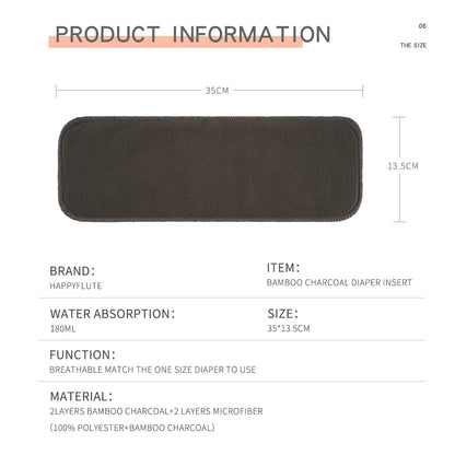 Bamboo Charcoal Diaper Inserts by Happy Flute, Washable 4-Layer Cloth Diaper Pads with Microfiber Core, 35 x 13.5 cm in Multiple Pack Sizes
