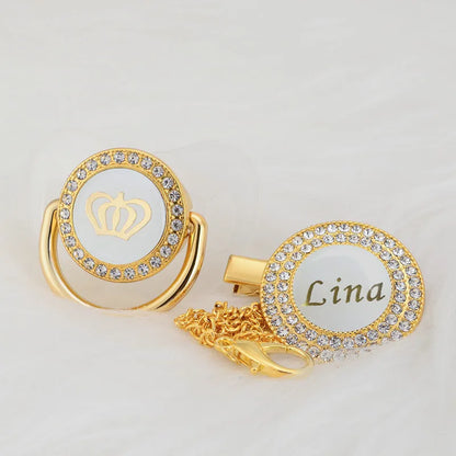 Personalized Crown Pacifier and Clip Set by MIYOCAR with Custom Name Detail, Rhinestone Decoration and Multiple Color Options for Keepsake Gifts