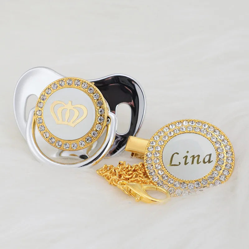 Personalized Crown Pacifier and Clip Set by MIYOCAR with Custom Name Detail, Rhinestone Decoration and Multiple Color Options for Keepsake Gifts