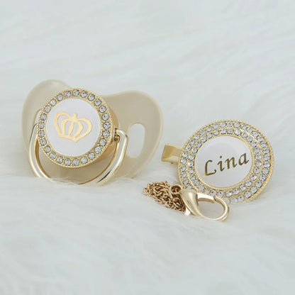Personalized Crown Pacifier and Clip Set by MIYOCAR with Custom Name Detail, Rhinestone Decoration and Multiple Color Options for Keepsake Gifts